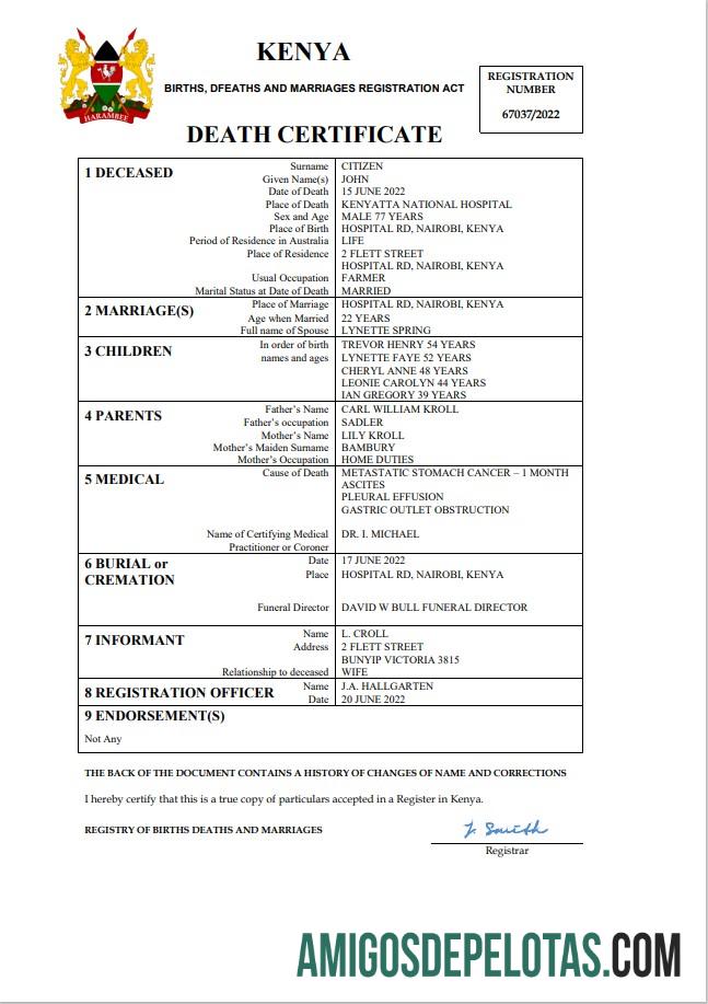 Imprimível modelo Word e PDF de certidão de óbito de registro vital do Quênia